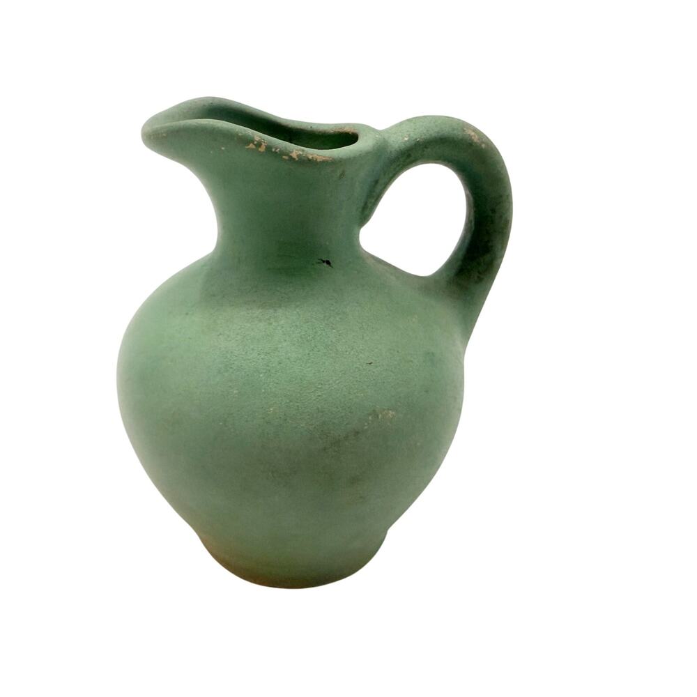 vintage matte green Pitcher handled jug ceramic art pottery